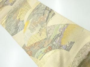 アンティーク　地紙に草花・風景模様織出し袋帯（材料）